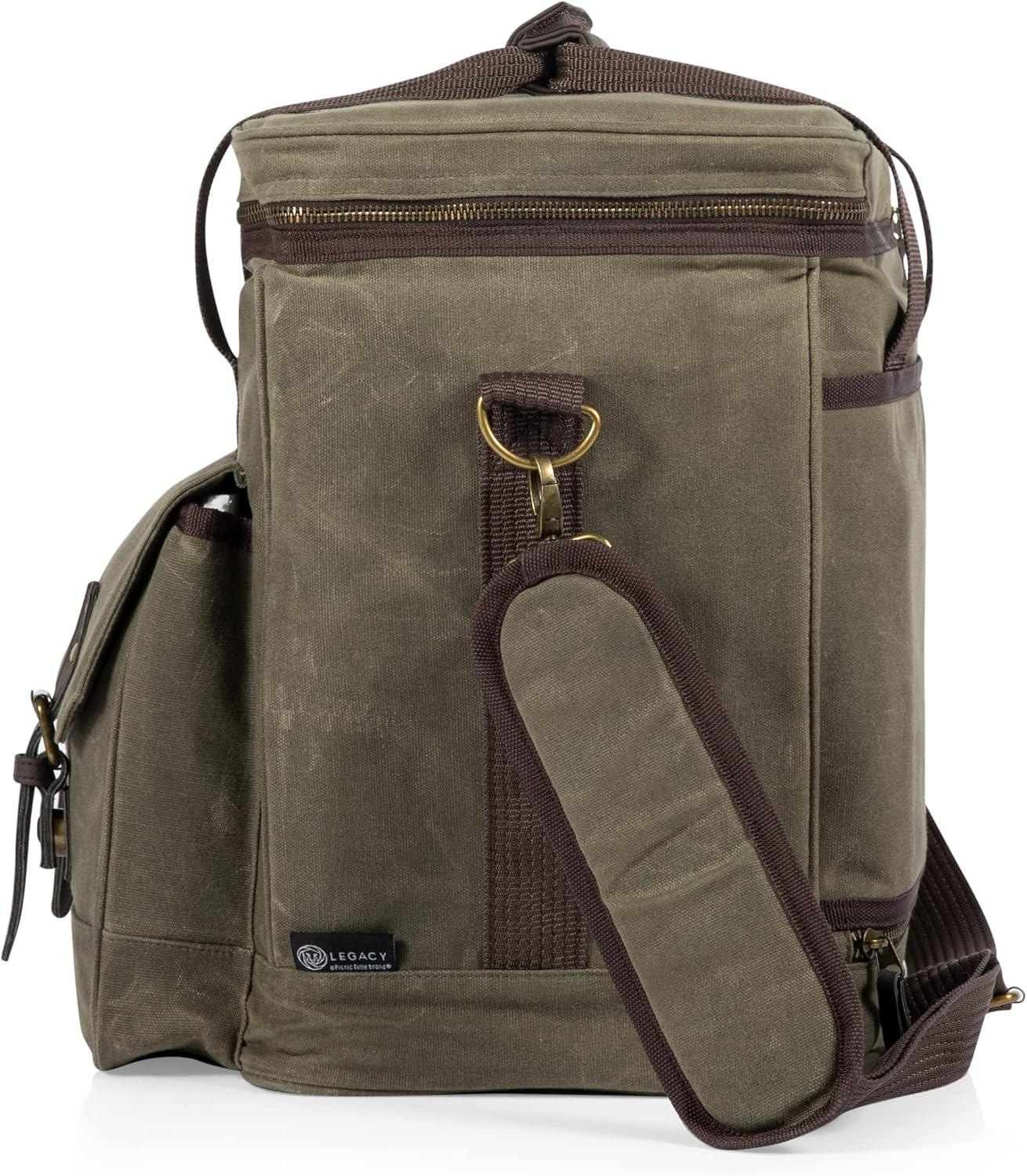 imageLEGACY a Picnic Time Brand Weekender Distressed Waxed Canvas 6 Bottle Insulated Wine Bag Soft Cooler Wine Tote Bag Wine Picnic Bag Khaki Green