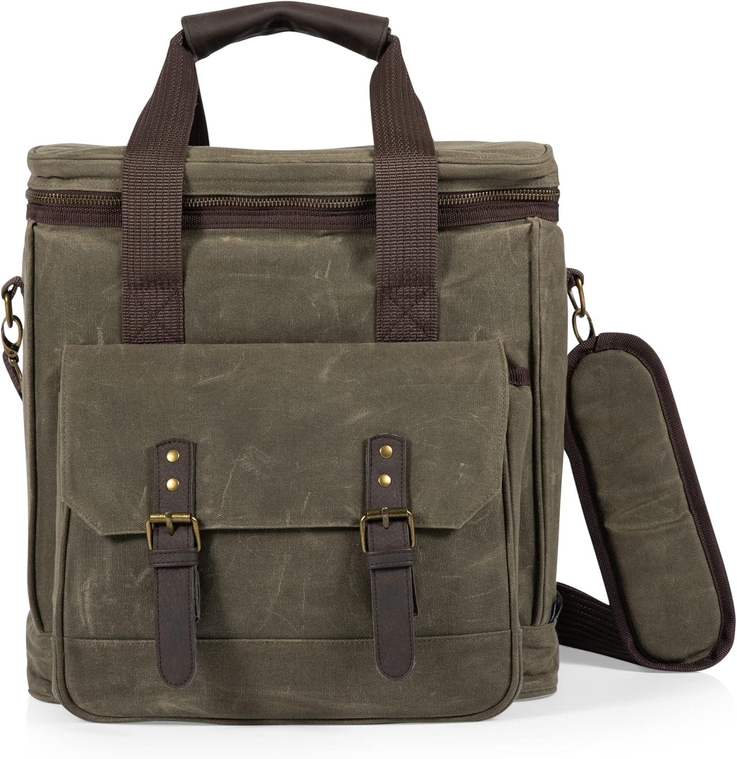 imageLEGACY a Picnic Time Brand Weekender Distressed Waxed Canvas 6 Bottle Insulated Wine Bag Soft Cooler Wine Tote Bag Wine Picnic Bag Khaki Green
