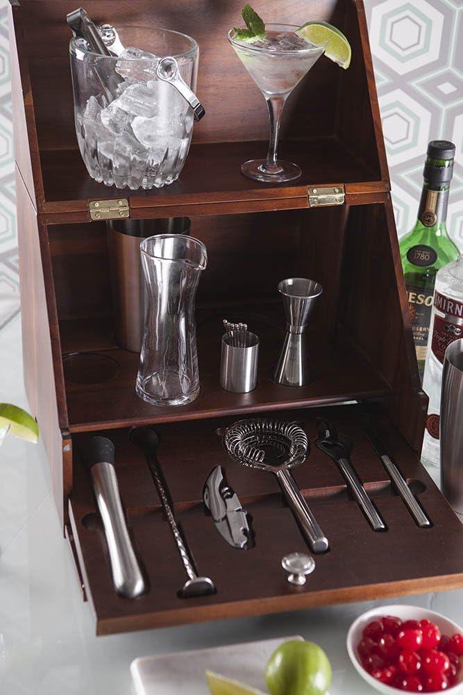 imageLEGACY a Picnic Time Brand Madison Acacia Tabletop Bar Tool Set Professional Mixology Bartender Kit with Stand Bar Accessories Set Cocktail Shaker Set Acacia Wood
