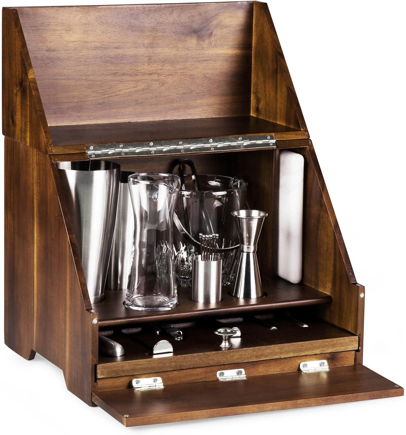 imageLEGACY a Picnic Time Brand Madison Acacia Tabletop Bar Tool Set Professional Mixology Bartender Kit with Stand Bar Accessories Set Cocktail Shaker Set Acacia Wood