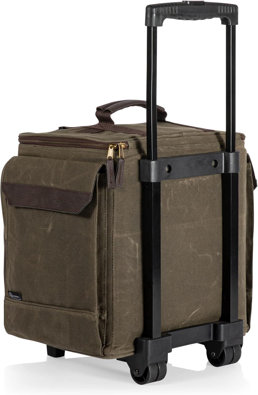 imageLEGACY a Picnic Time Brand Somm 12 Bottle Insulated Waxed Canvas Wine Bag with Rolling Cart Khaki Green with Brown Accents