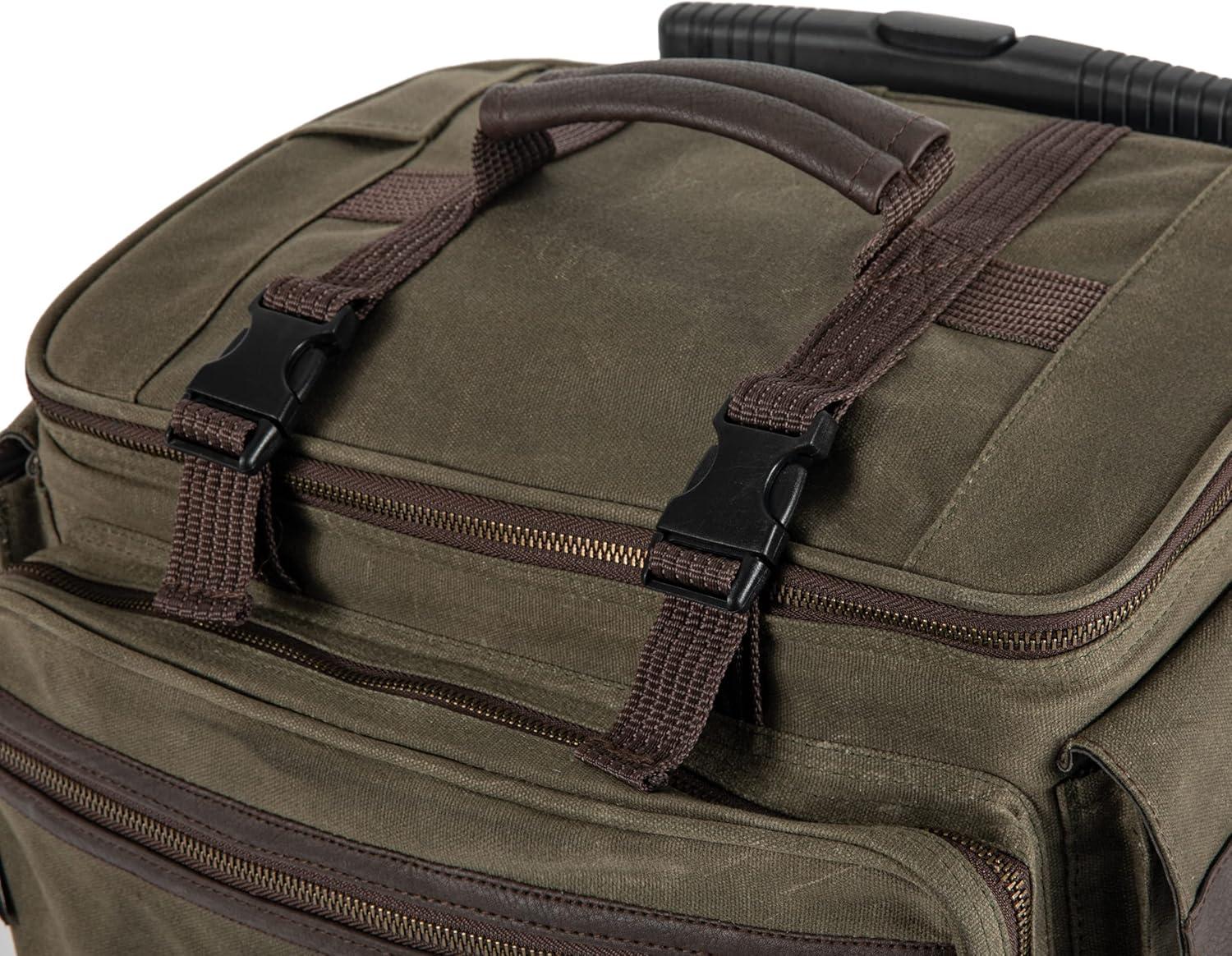 imageLEGACY a Picnic Time Brand Somm 12 Bottle Insulated Waxed Canvas Wine Bag with Rolling Cart Khaki Green with Brown Accents