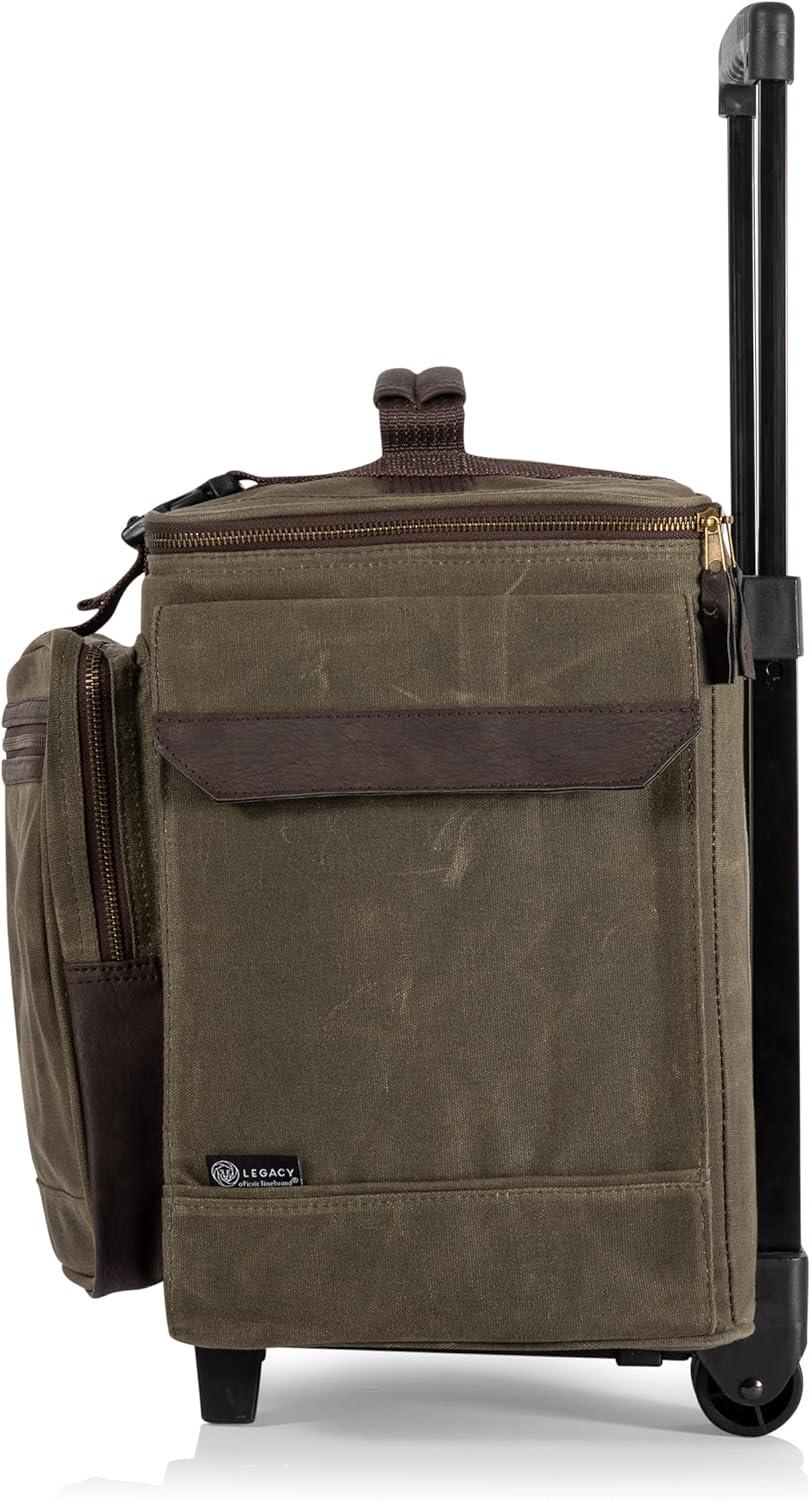 imageLEGACY a Picnic Time Brand Somm 12 Bottle Insulated Waxed Canvas Wine Bag with Rolling Cart Khaki Green with Brown Accents