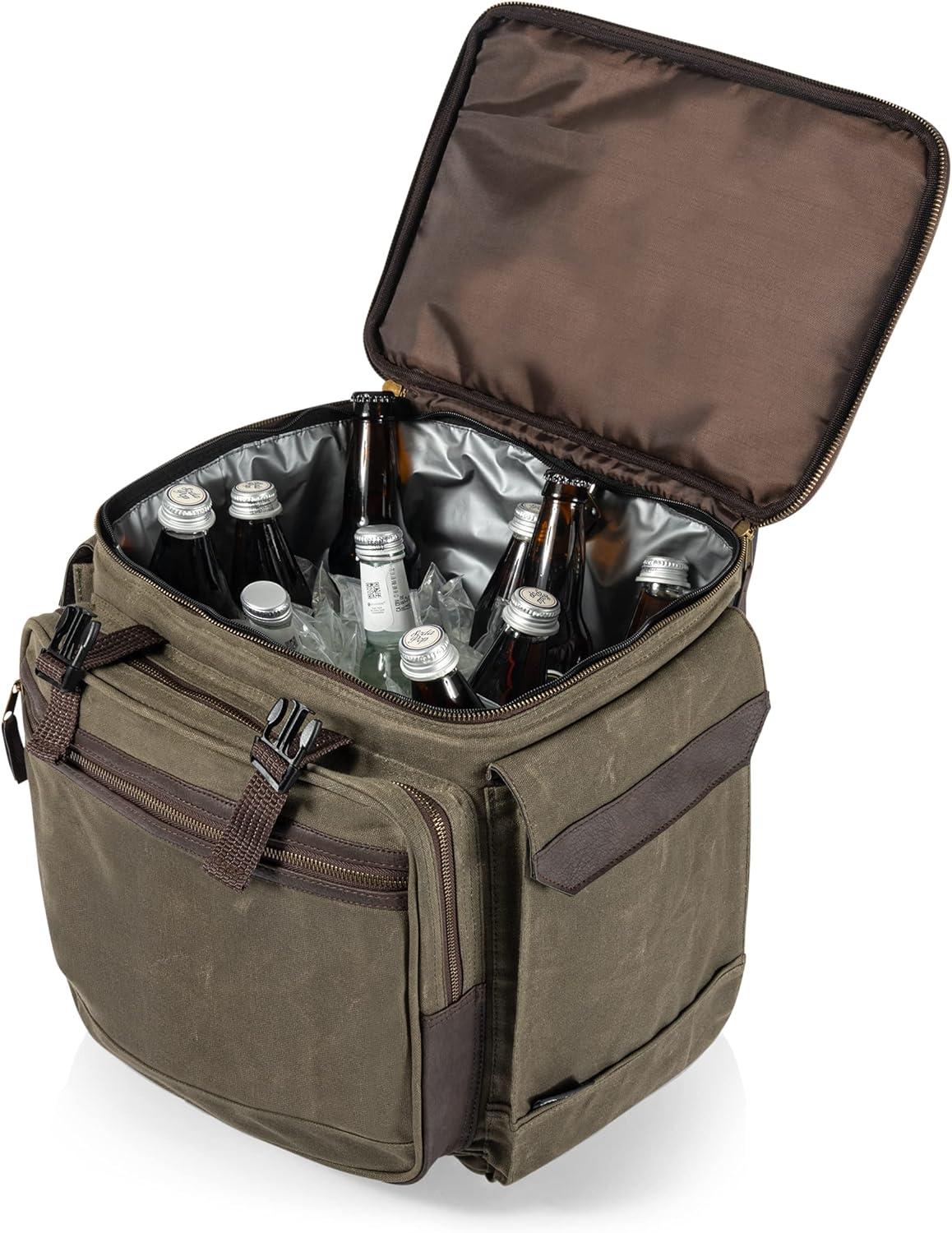 imageLEGACY a Picnic Time Brand Somm 12 Bottle Insulated Waxed Canvas Wine Bag with Rolling Cart Khaki Green with Brown Accents