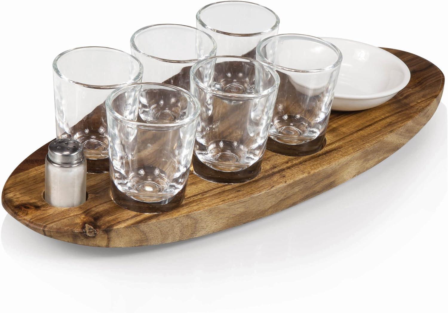 imageLEGACY a Picnic Time brand Cantinero Shot Glass Set with Tray Tequilla Shot Glasses Cocktail Serving Tray Acacia Wood