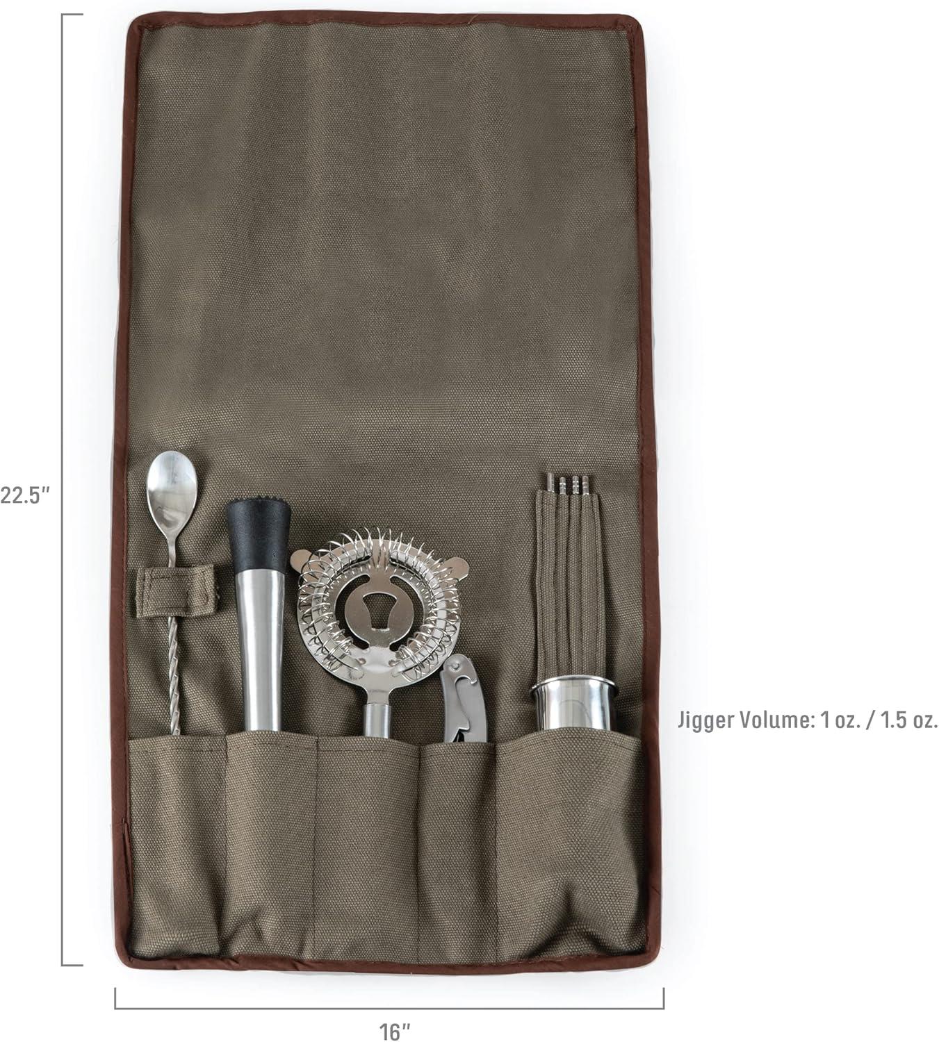 imageLEGACY a Picnic Time brand 10Piece Bar Tool Roll Up Kit 10Piece Bar Tool Roll Up Kit Mixology Bartender Travel Set with Cocktail Accessories Khaki