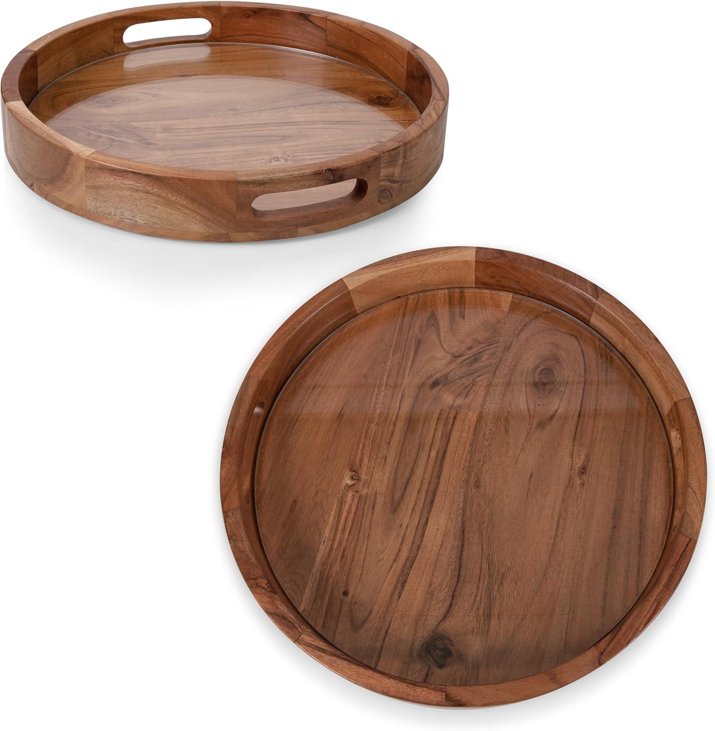 imagePICNIC TIME Barista Serving Tray with Glass Insert Round Acacia Wood Cheese Board Serving Platter with Handles Acacia Wood