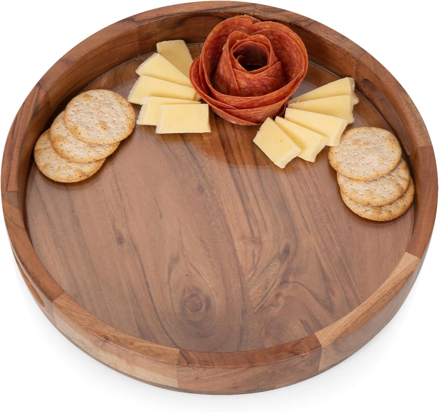 imagePICNIC TIME Barista Serving Tray with Glass Insert Round Acacia Wood Cheese Board Serving Platter with Handles Acacia Wood