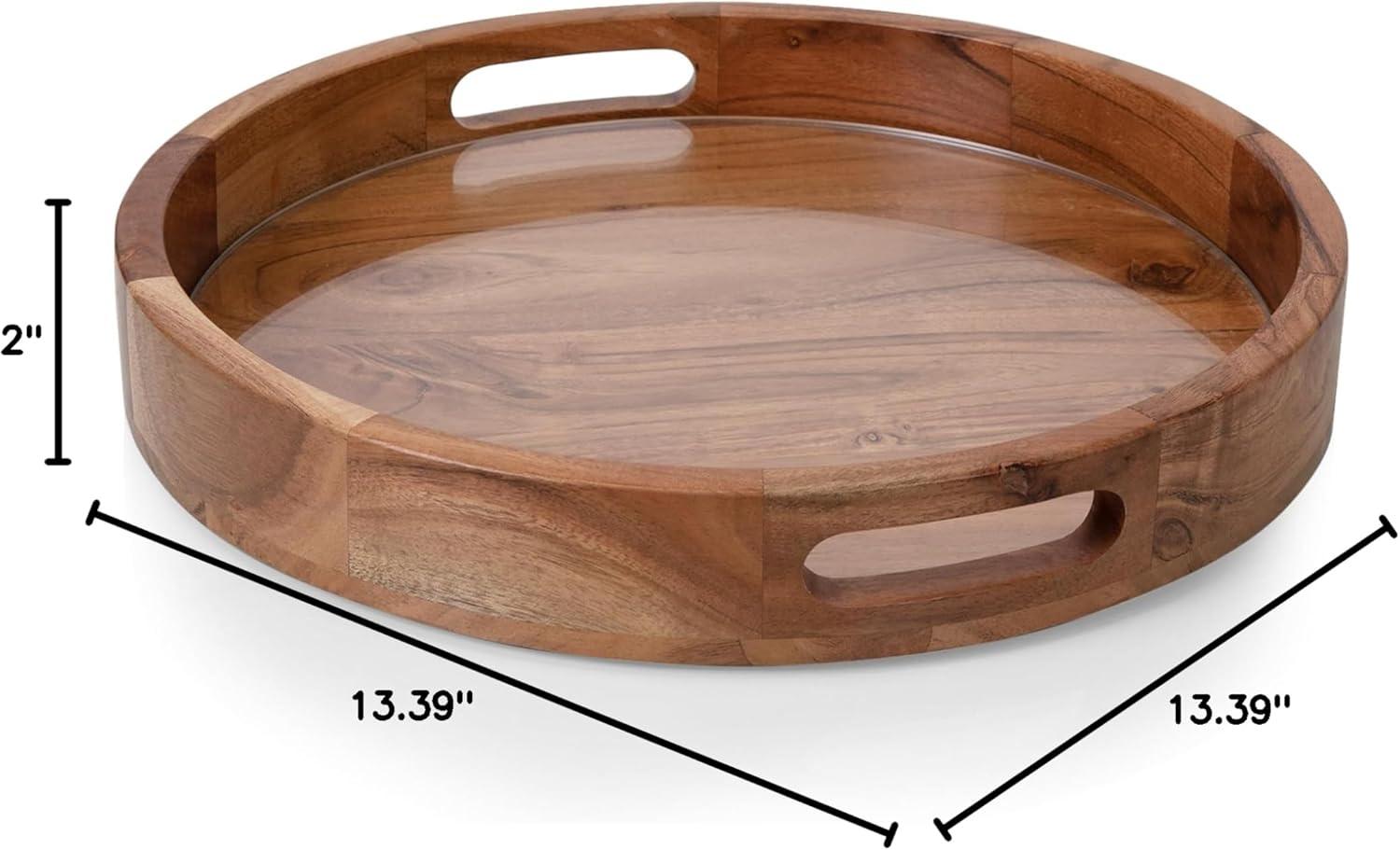 imagePICNIC TIME Barista Serving Tray with Glass Insert Round Acacia Wood Cheese Board Serving Platter with Handles Acacia Wood