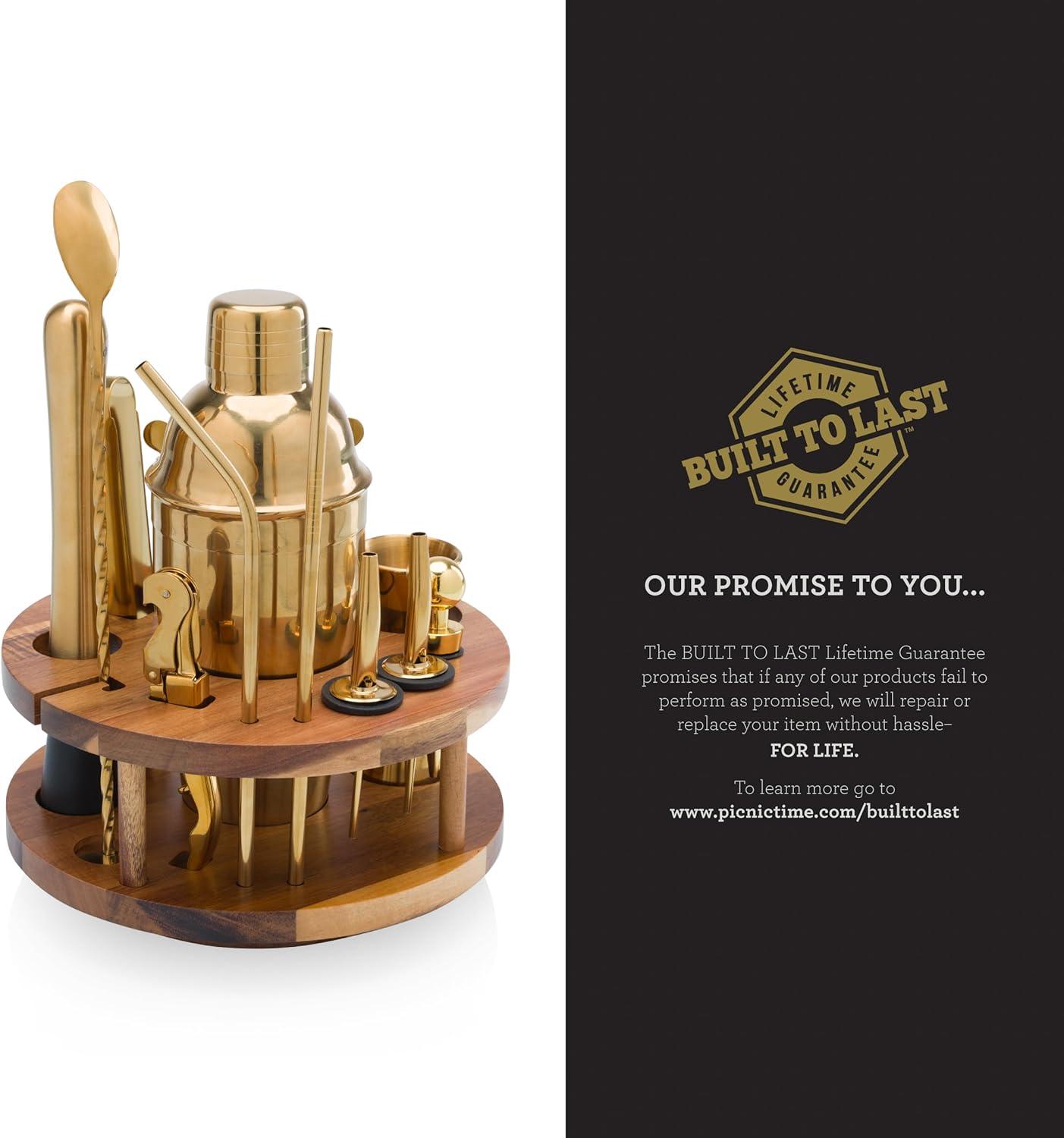 imagePICNIC TIME Carousel 13Piece Bar Tool Set Cocktail Shaker Set Mixology Bartender Kit with Lazy Susan Stand Acacia Wood and Gold