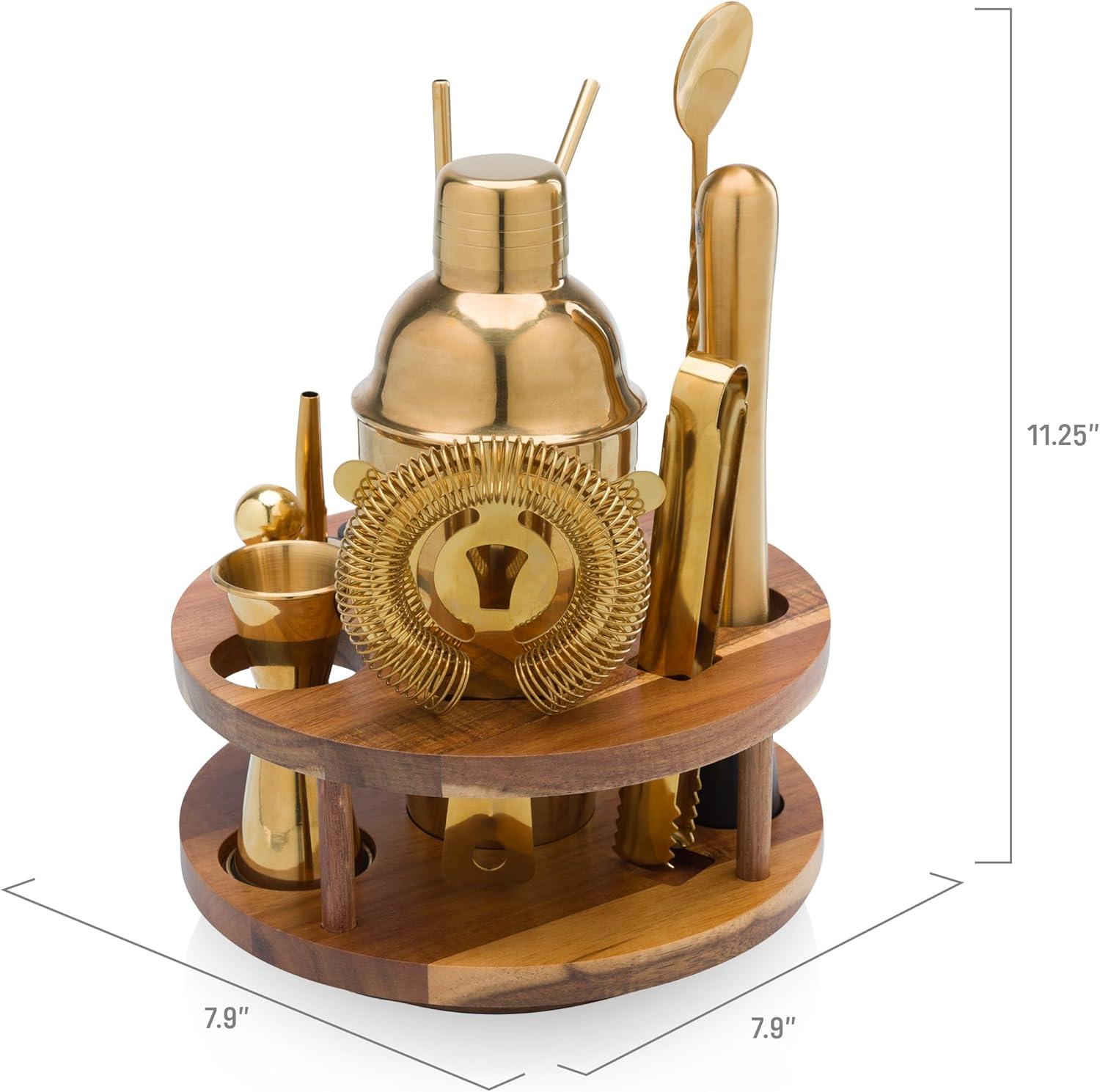 imagePICNIC TIME Carousel 13Piece Bar Tool Set Cocktail Shaker Set Mixology Bartender Kit with Lazy Susan Stand Acacia Wood and Gold