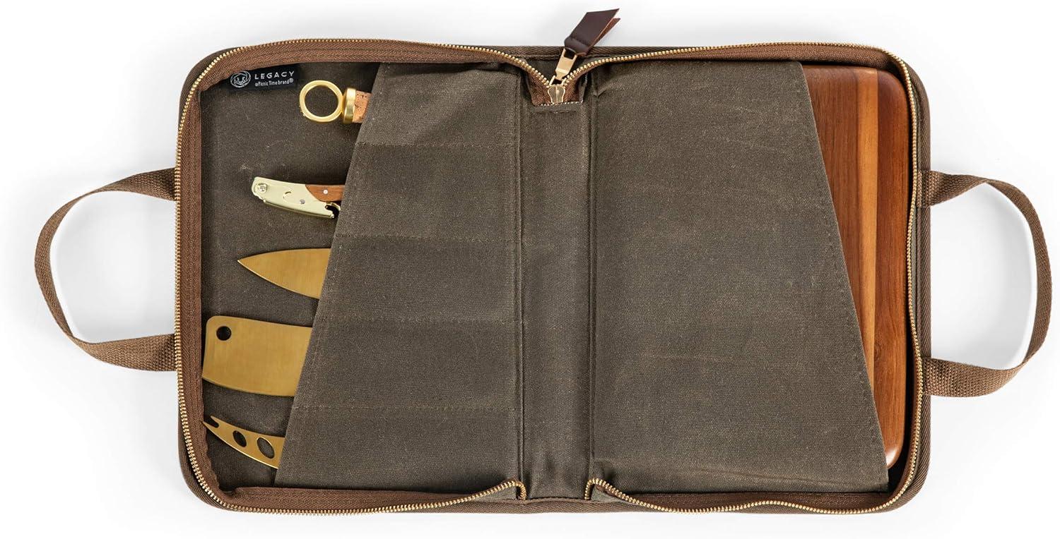imagePICNIC TIME Monterey Travel Cheese Knife Set Distressed Waxed Canvas Bag with Cheese Knives and Cutting Board Portable Travel Utensils Case Camping Cutlery with Waxed Canvas Case Khaki Green