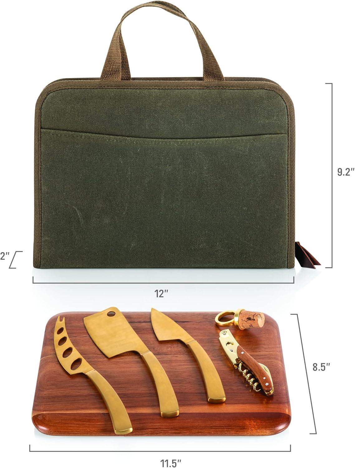 imagePICNIC TIME Monterey Travel Cheese Knife Set Distressed Waxed Canvas Bag with Cheese Knives and Cutting Board Portable Travel Utensils Case Camping Cutlery with Waxed Canvas Case Khaki Green