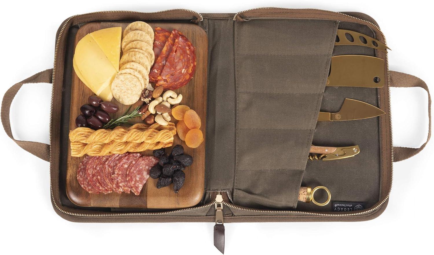 imagePICNIC TIME Monterey Travel Cheese Knife Set Distressed Waxed Canvas Bag with Cheese Knives and Cutting Board Portable Travel Utensils Case Camping Cutlery with Waxed Canvas Case Khaki Green