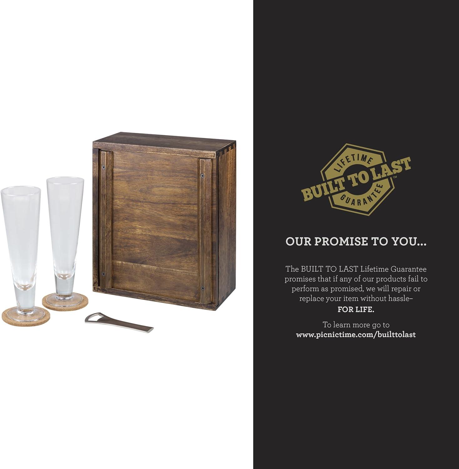 imagePICNIC TIME Pilsner Craft Beer Set Beer Glasses Set Gifts for Men Bar Glasses Drinking Set with Beautiful Wood Case Removable Panel Door and Formfitting Interior for Home and Bar Acacia Wood