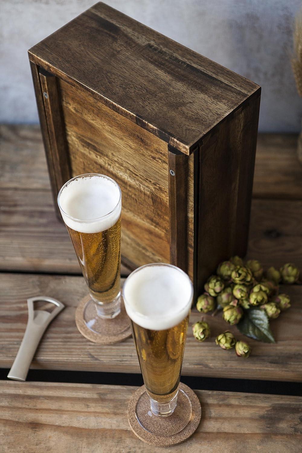 imagePICNIC TIME Pilsner Craft Beer Set Beer Glasses Set Gifts for Men Bar Glasses Drinking Set with Beautiful Wood Case Removable Panel Door and Formfitting Interior for Home and Bar Acacia Wood