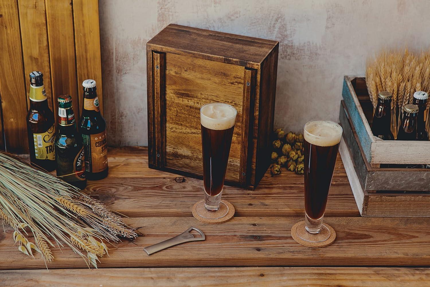 imagePICNIC TIME Pilsner Craft Beer Set Beer Glasses Set Gifts for Men Bar Glasses Drinking Set with Beautiful Wood Case Removable Panel Door and Formfitting Interior for Home and Bar Acacia Wood