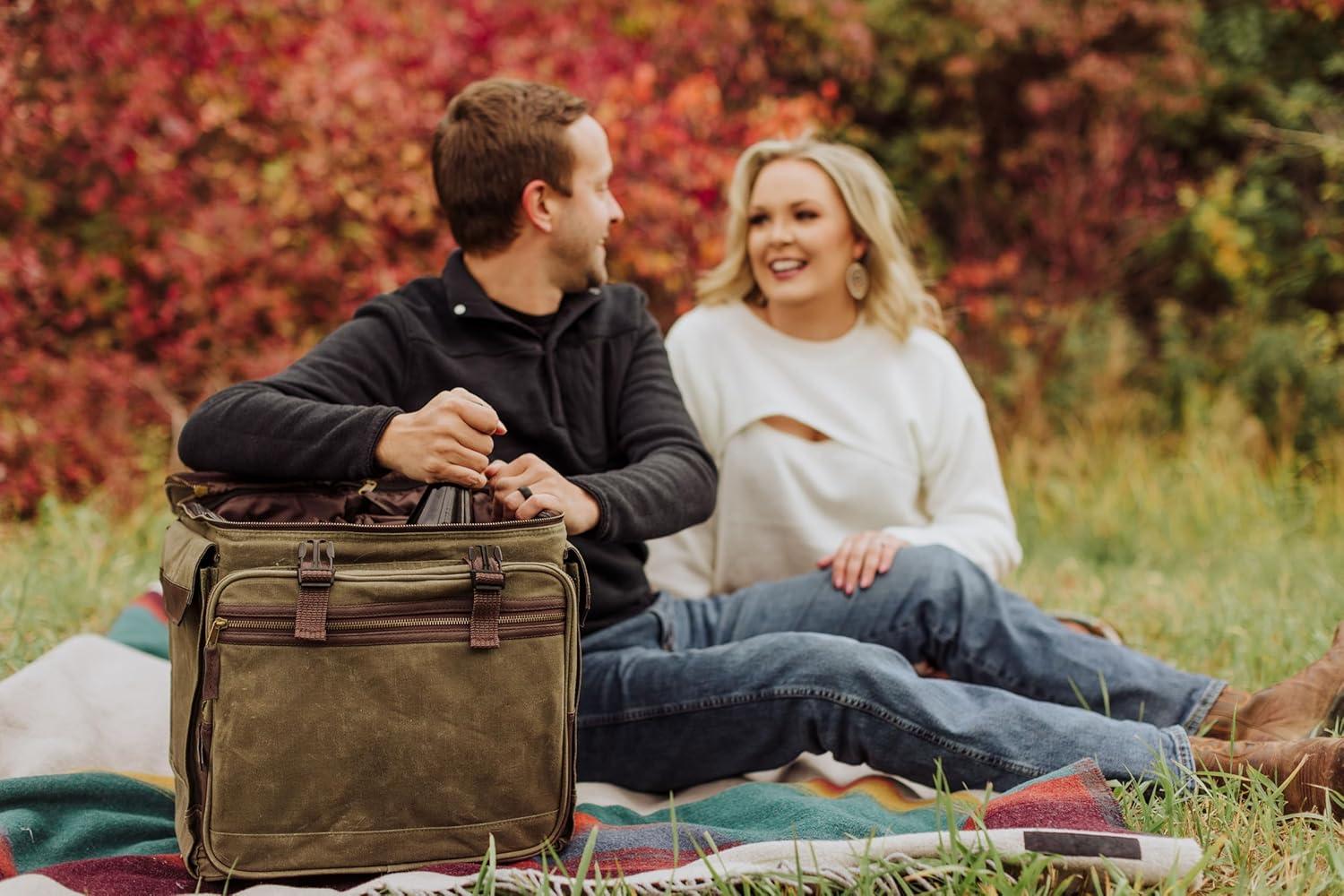 imagePICNIC TIME Somm 12 Bottle Insulated Waxed Canvas Wine Bag with Rolling Cart Khaki Green with Brown Accents