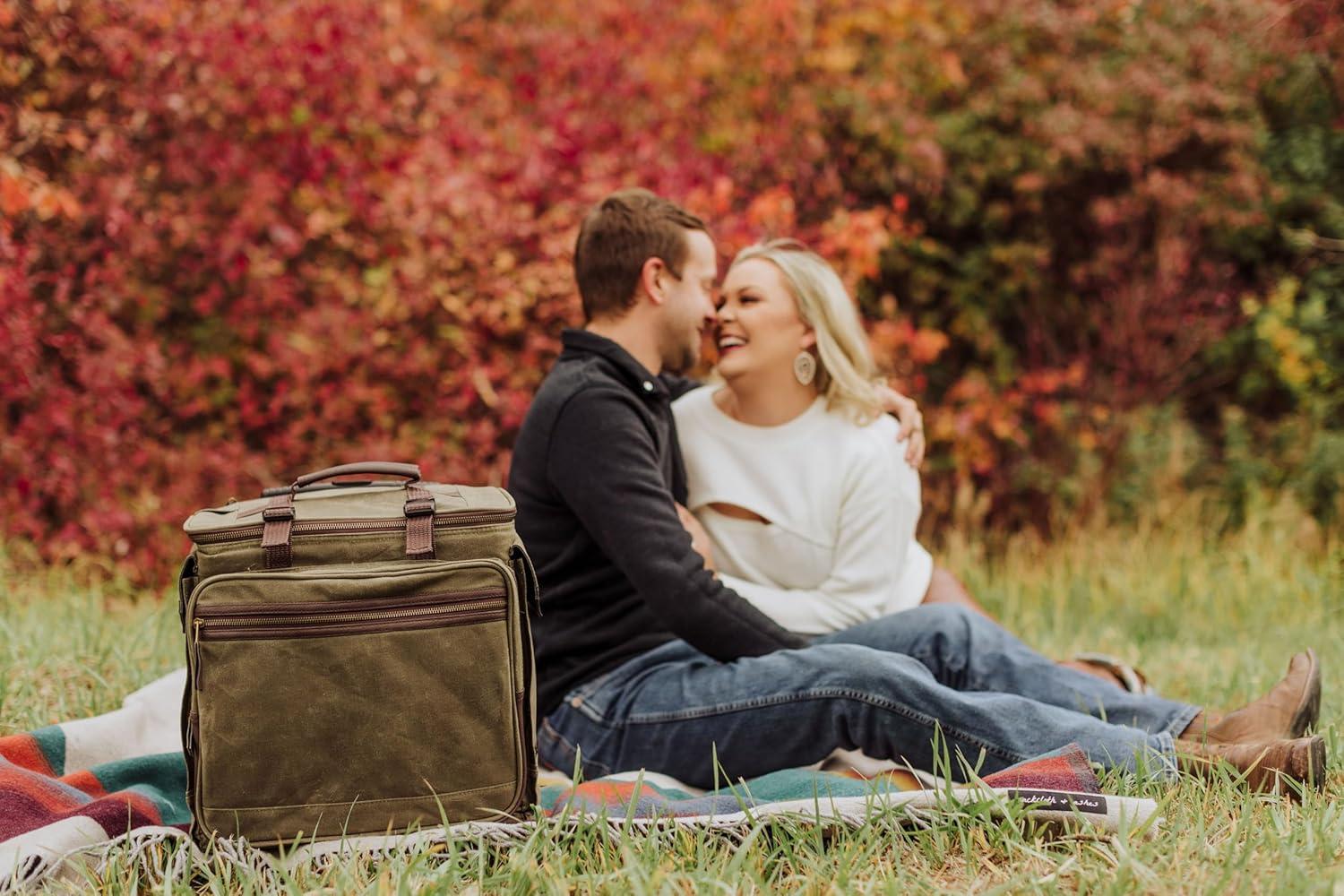 imagePICNIC TIME Somm 12 Bottle Insulated Waxed Canvas Wine Bag with Rolling Cart Khaki Green with Brown Accents