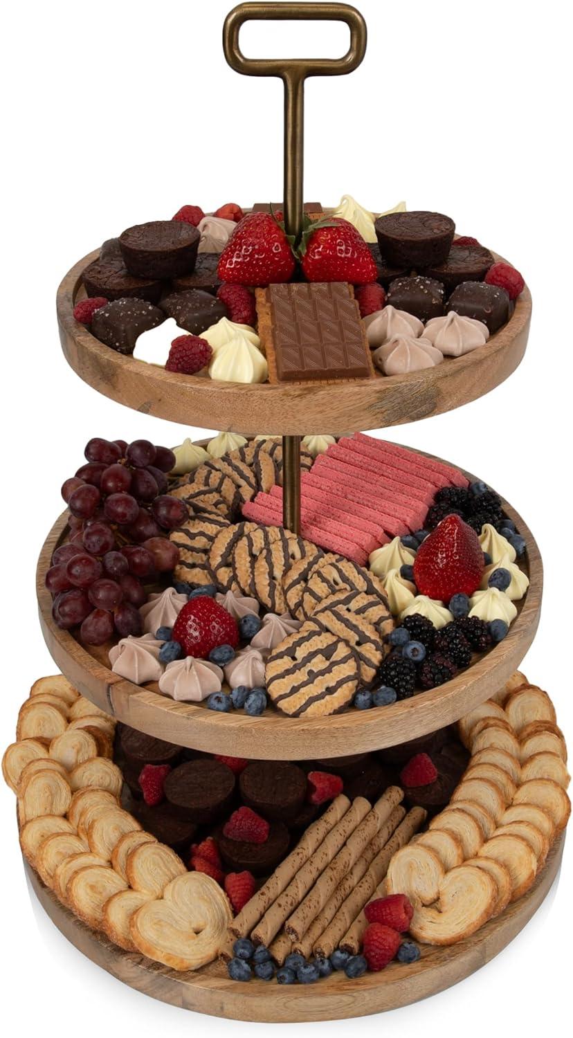 imagePICNIC TIME Tapas 3Tiered Serving Tray Caribbean Walnut Cupcake Stand Wooden Cheese Board Mango Wood
