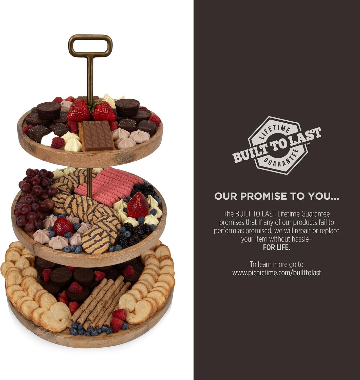 imagePICNIC TIME Tapas 3Tiered Serving Tray Caribbean Walnut Cupcake Stand Wooden Cheese Board Mango Wood