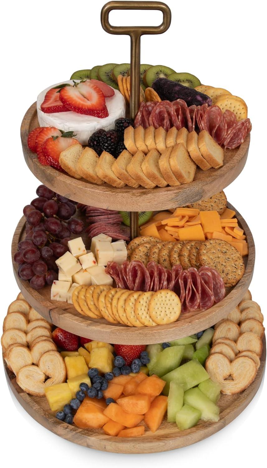 imagePICNIC TIME Tapas 3Tiered Serving Tray Caribbean Walnut Cupcake Stand Wooden Cheese Board Mango Wood