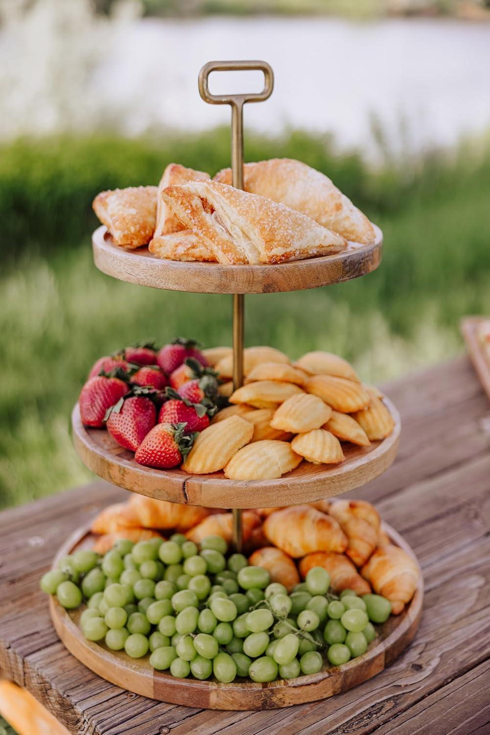 imagePICNIC TIME Tapas 3Tiered Serving Tray Caribbean Walnut Cupcake Stand Wooden Cheese Board Mango Wood