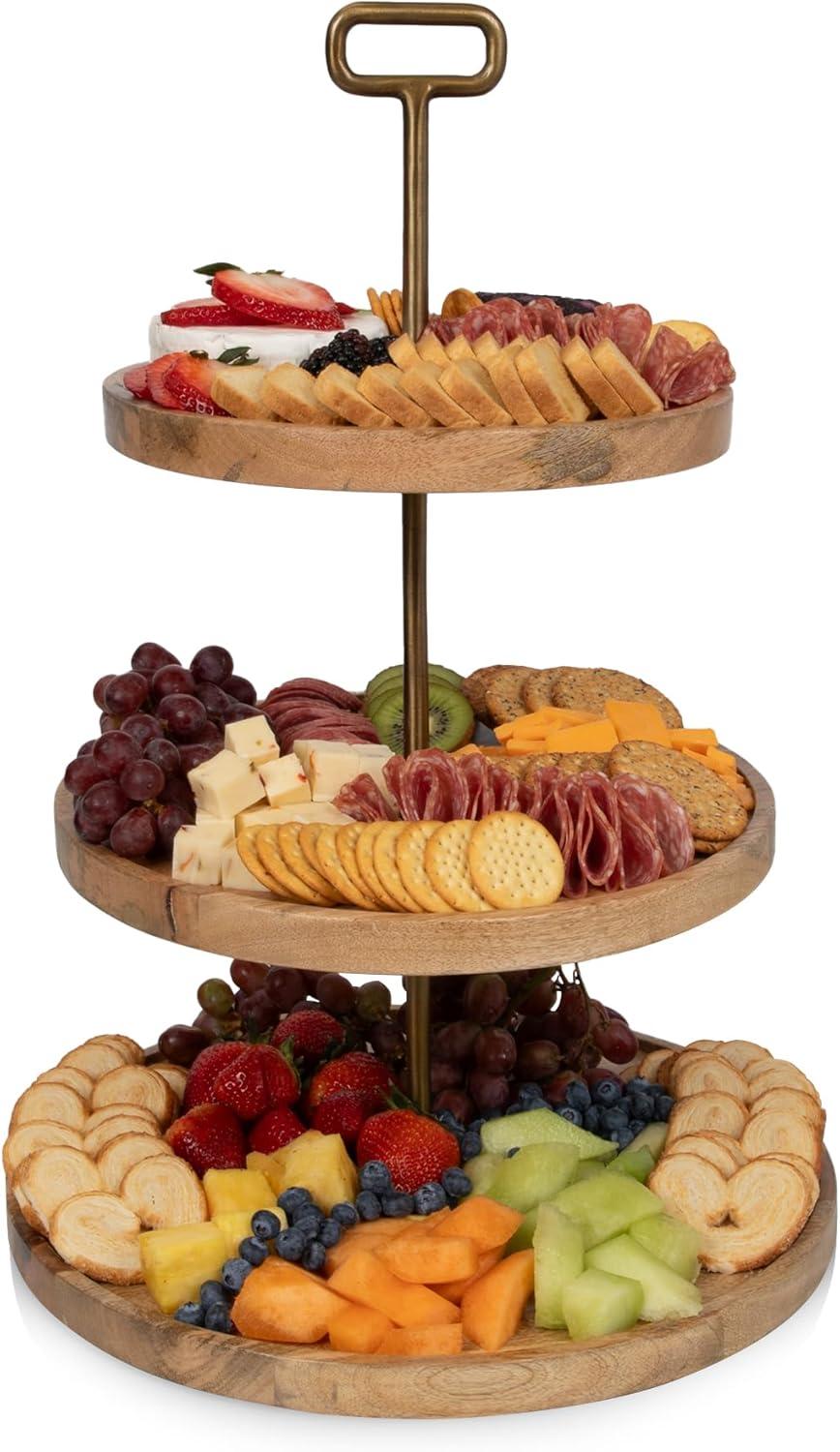 imagePICNIC TIME Tapas 3Tiered Serving Tray Caribbean Walnut Cupcake Stand Wooden Cheese Board Mango Wood