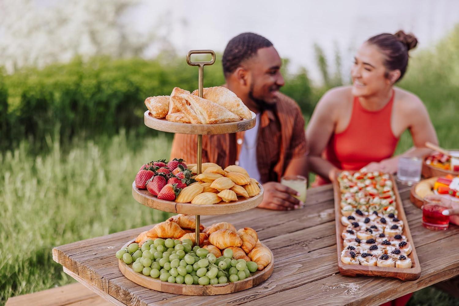 imagePICNIC TIME Tapas 3Tiered Serving Tray Caribbean Walnut Cupcake Stand Wooden Cheese Board Mango Wood