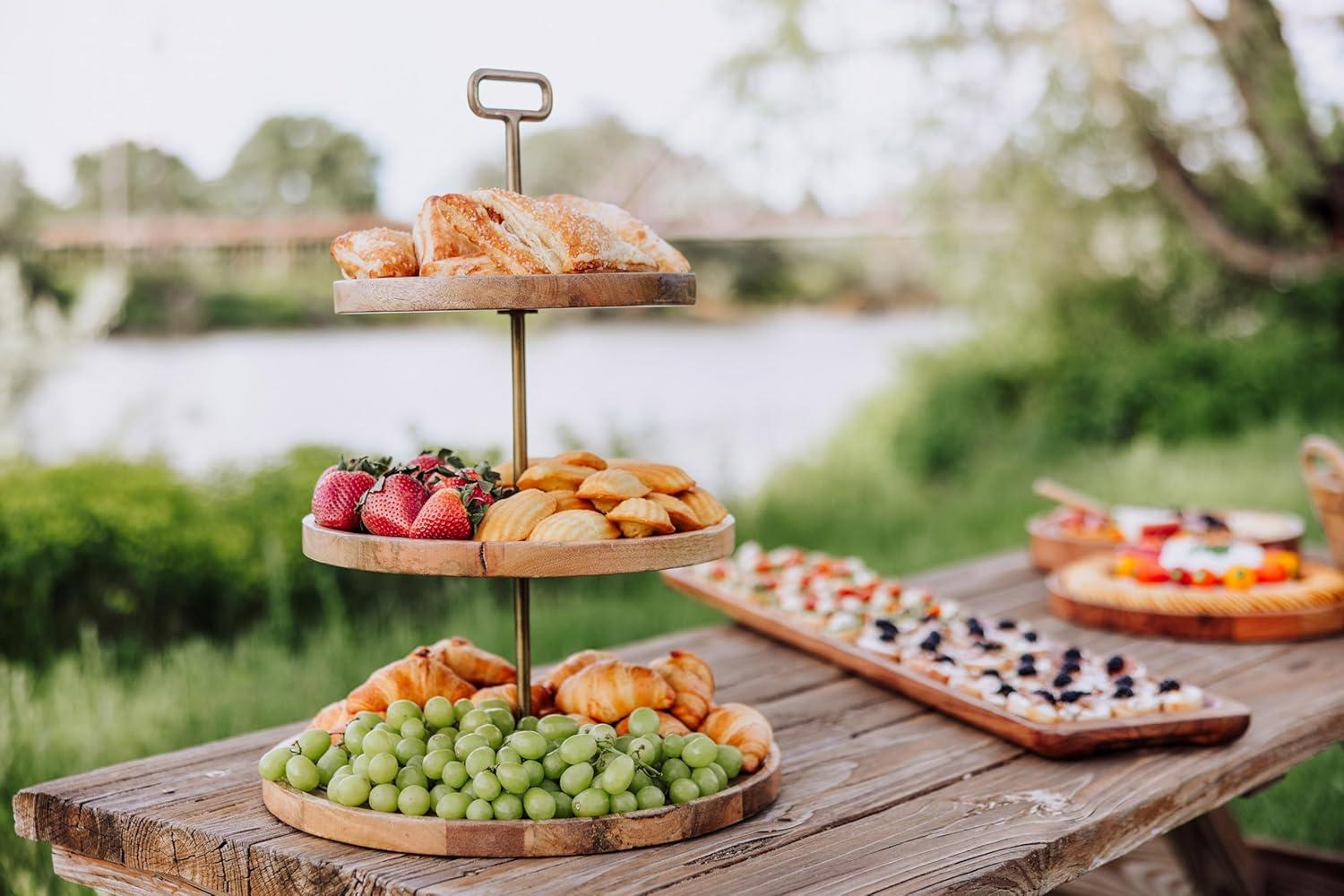 imagePICNIC TIME Tapas 3Tiered Serving Tray Caribbean Walnut Cupcake Stand Wooden Cheese Board Mango Wood