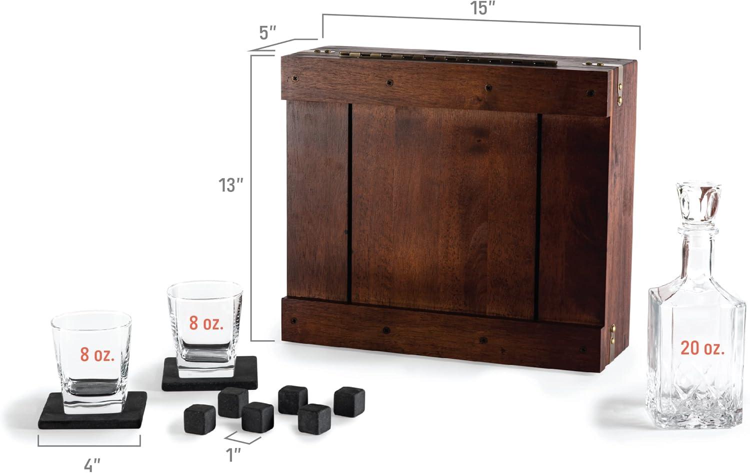imagePICNIC TIME Whiskey Box Gift Set with Decanter Whiskey Glasses Drinking Set of 2 with Stones Portable Mini Bar Fathers Day Gift Components Securely Displayed with Oak Chest Oak Wood