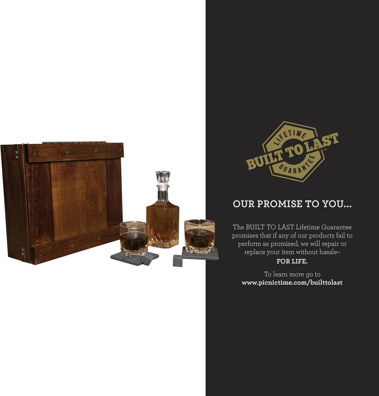 imagePICNIC TIME Whiskey Box Gift Set with Decanter Whiskey Glasses Drinking Set of 2 with Stones Portable Mini Bar Fathers Day Gift Components Securely Displayed with Oak Chest Oak Wood