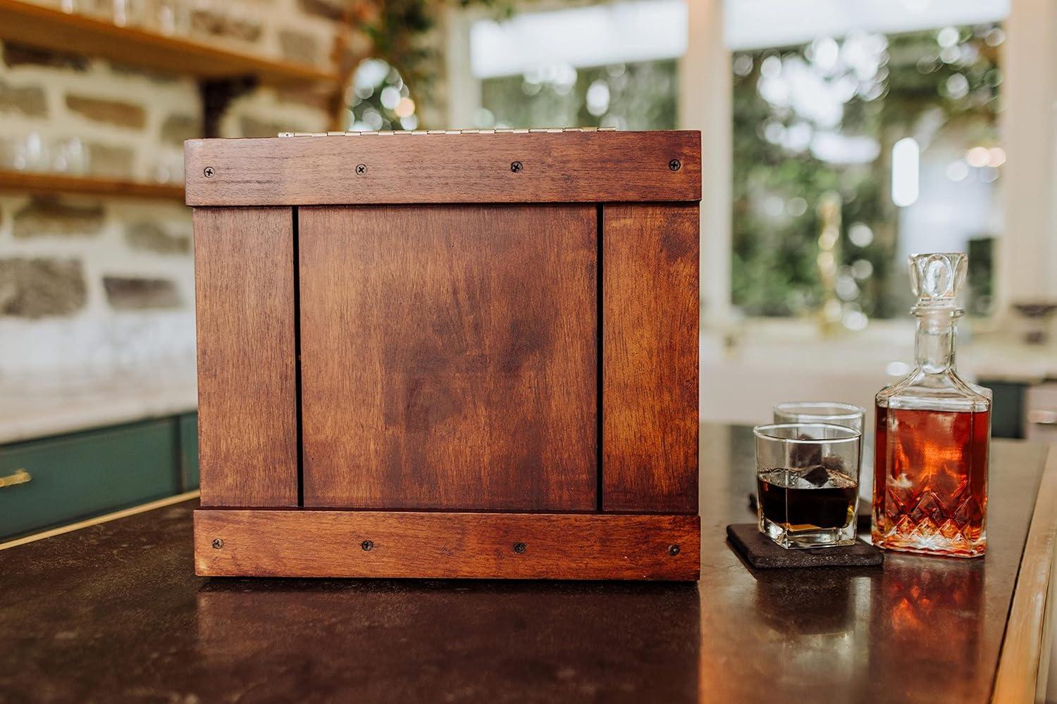 imagePICNIC TIME Whiskey Box Gift Set with Decanter Whiskey Glasses Drinking Set of 2 with Stones Portable Mini Bar Fathers Day Gift Components Securely Displayed with Oak Chest Oak Wood