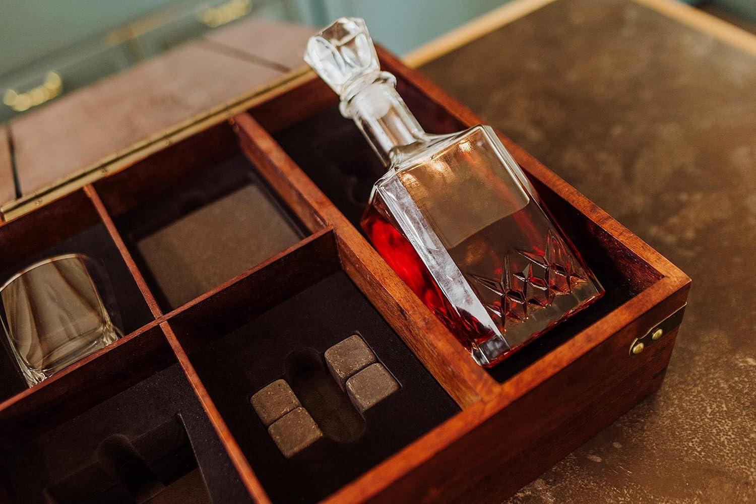 imagePICNIC TIME Whiskey Box Gift Set with Decanter Whiskey Glasses Drinking Set of 2 with Stones Portable Mini Bar Fathers Day Gift Components Securely Displayed with Oak Chest Oak Wood