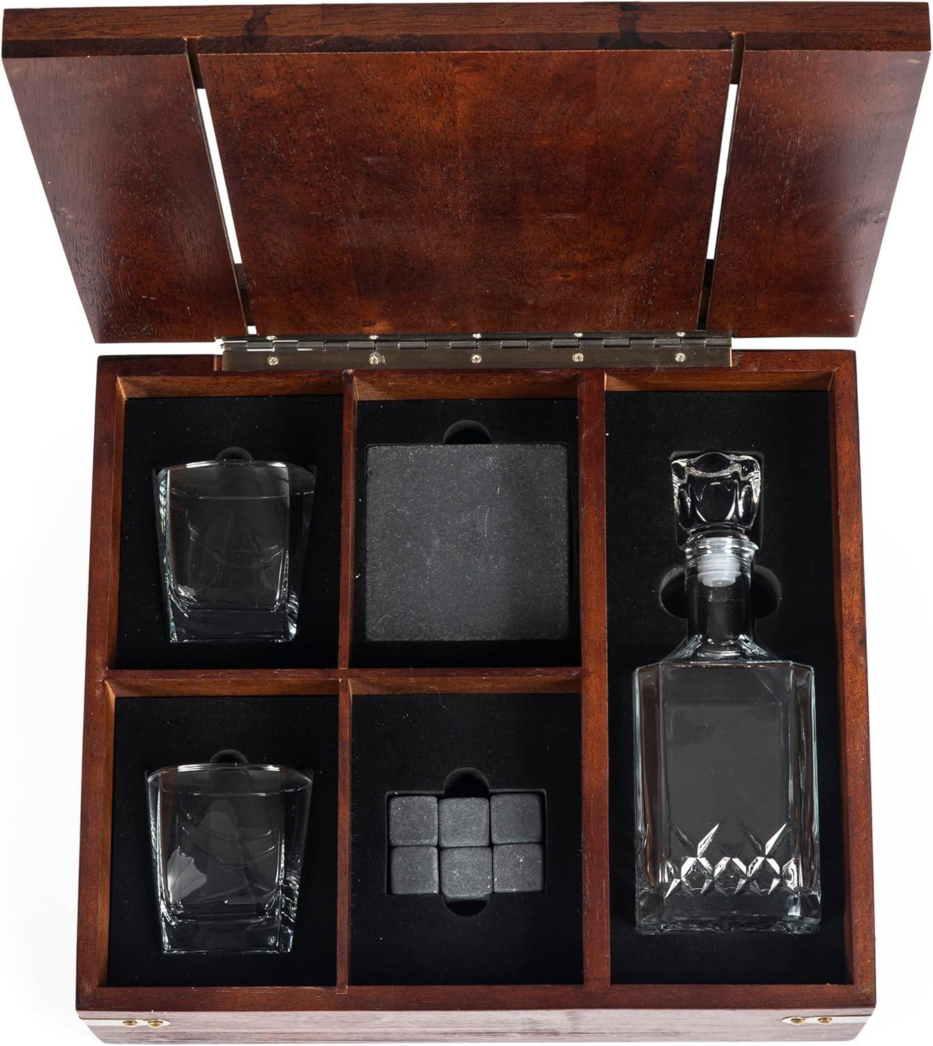 imagePICNIC TIME Whiskey Box Gift Set with Decanter Whiskey Glasses Drinking Set of 2 with Stones Portable Mini Bar Fathers Day Gift Components Securely Displayed with Oak Chest Oak Wood