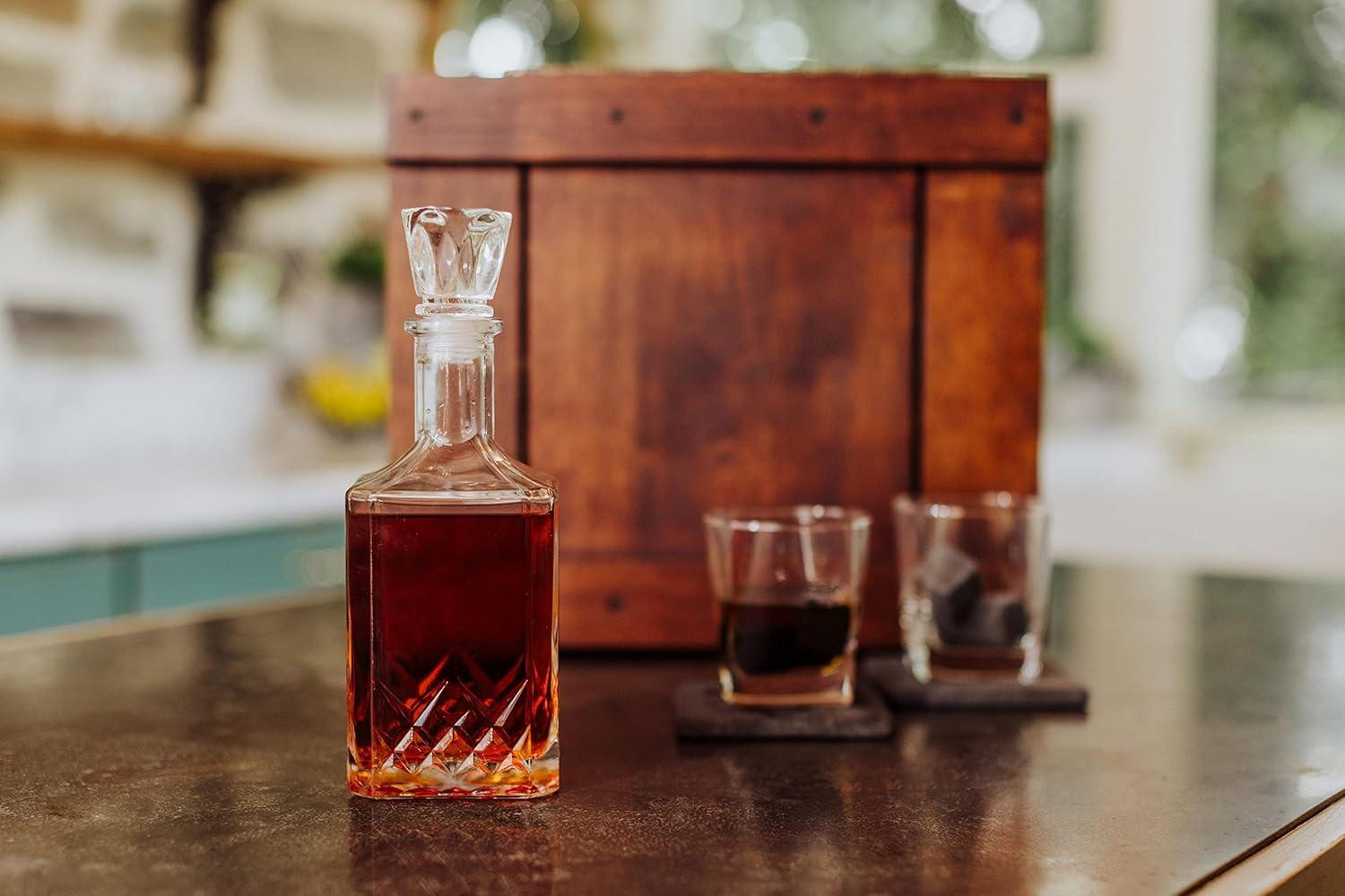 imagePICNIC TIME Whiskey Box Gift Set with Decanter Whiskey Glasses Drinking Set of 2 with Stones Portable Mini Bar Fathers Day Gift Components Securely Displayed with Oak Chest Oak Wood
