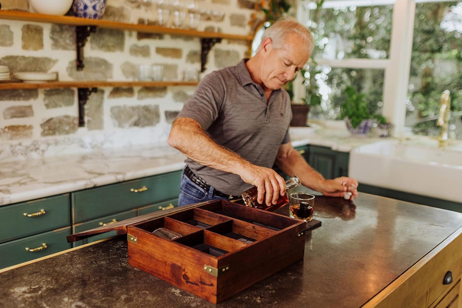 imagePICNIC TIME Whiskey Box Gift Set with Decanter Whiskey Glasses Drinking Set of 2 with Stones Portable Mini Bar Fathers Day Gift Components Securely Displayed with Oak Chest Oak Wood
