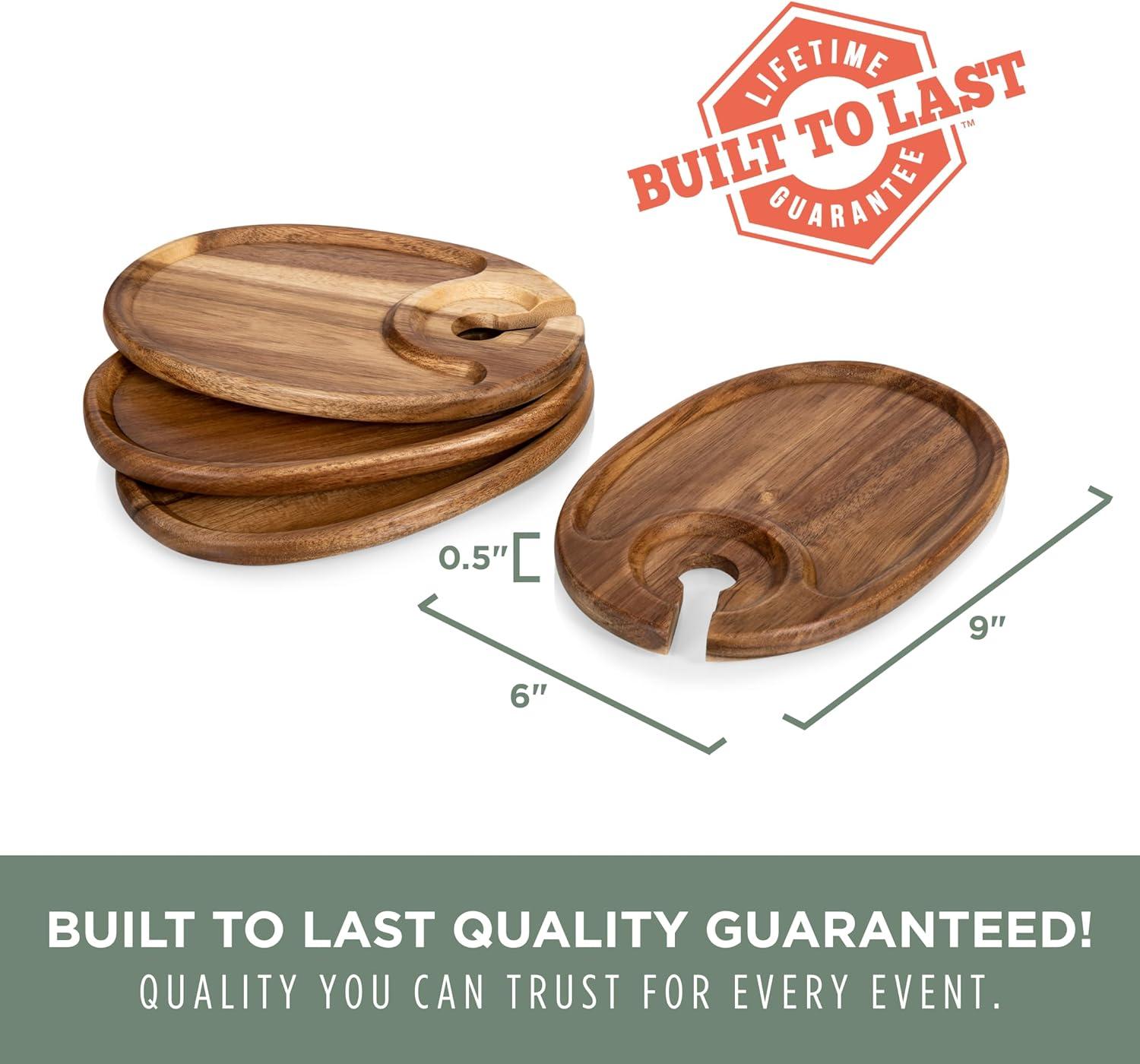 imagePICNIC TIME Wine Appetizer Plates Set of 4 Wooden Cocktail Plates with Glass Holder Mini Charcuterie Boards for Wine and Cheese Parties Acacia Cheese Board Serving Trays Oval Acacia Wood