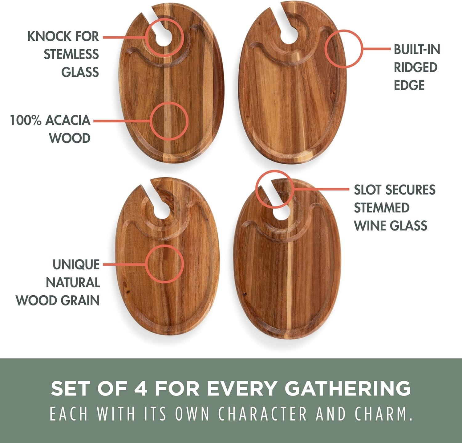 imagePICNIC TIME Wine Appetizer Plates Set of 4 Wooden Cocktail Plates with Glass Holder Mini Charcuterie Boards for Wine and Cheese Parties Acacia Cheese Board Serving Trays Oval Acacia Wood