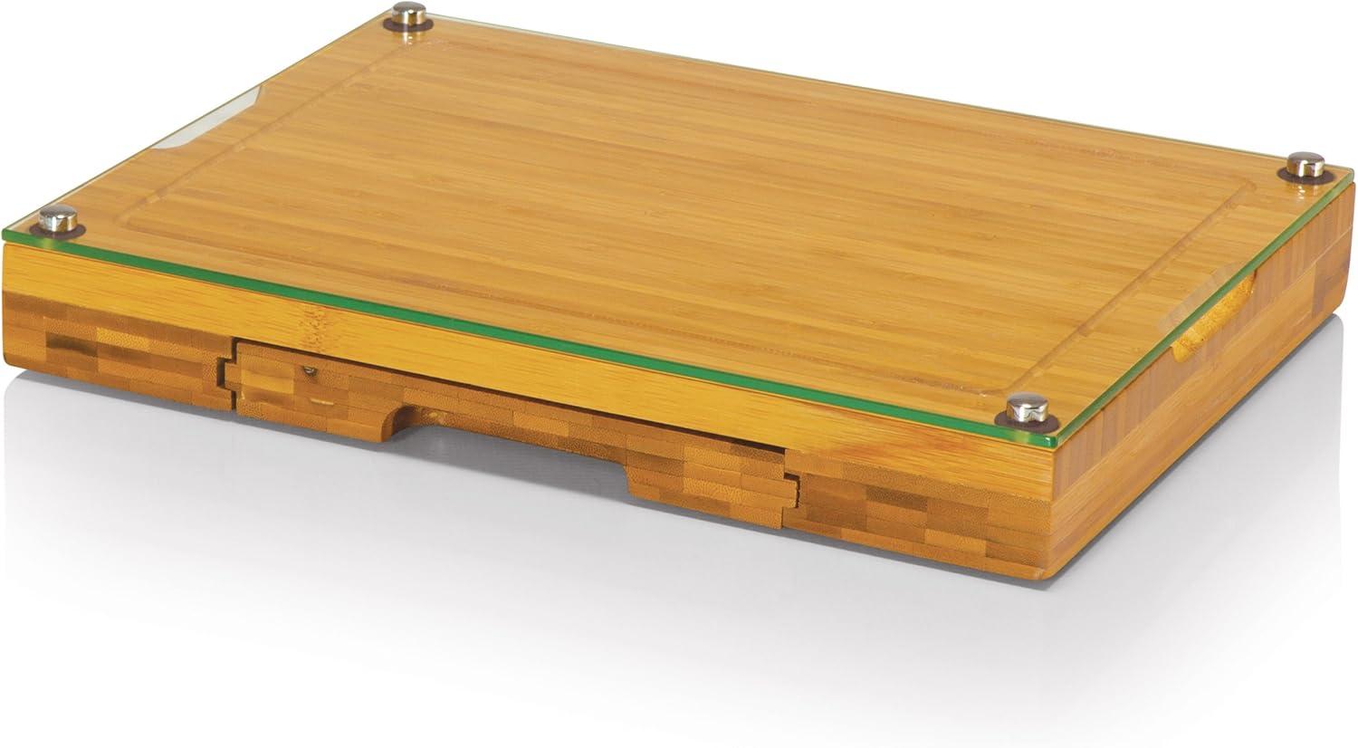 imageTOSCANA a Picnic Time brand Concerto Glass Top Cheese and Knife Set Charcuterie Set Glass Top Cutting Board Bamboo