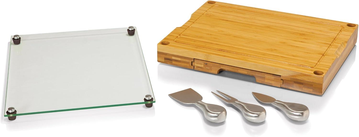 imageTOSCANA a Picnic Time brand Concerto Glass Top Cheese and Knife Set Charcuterie Set Glass Top Cutting Board Bamboo