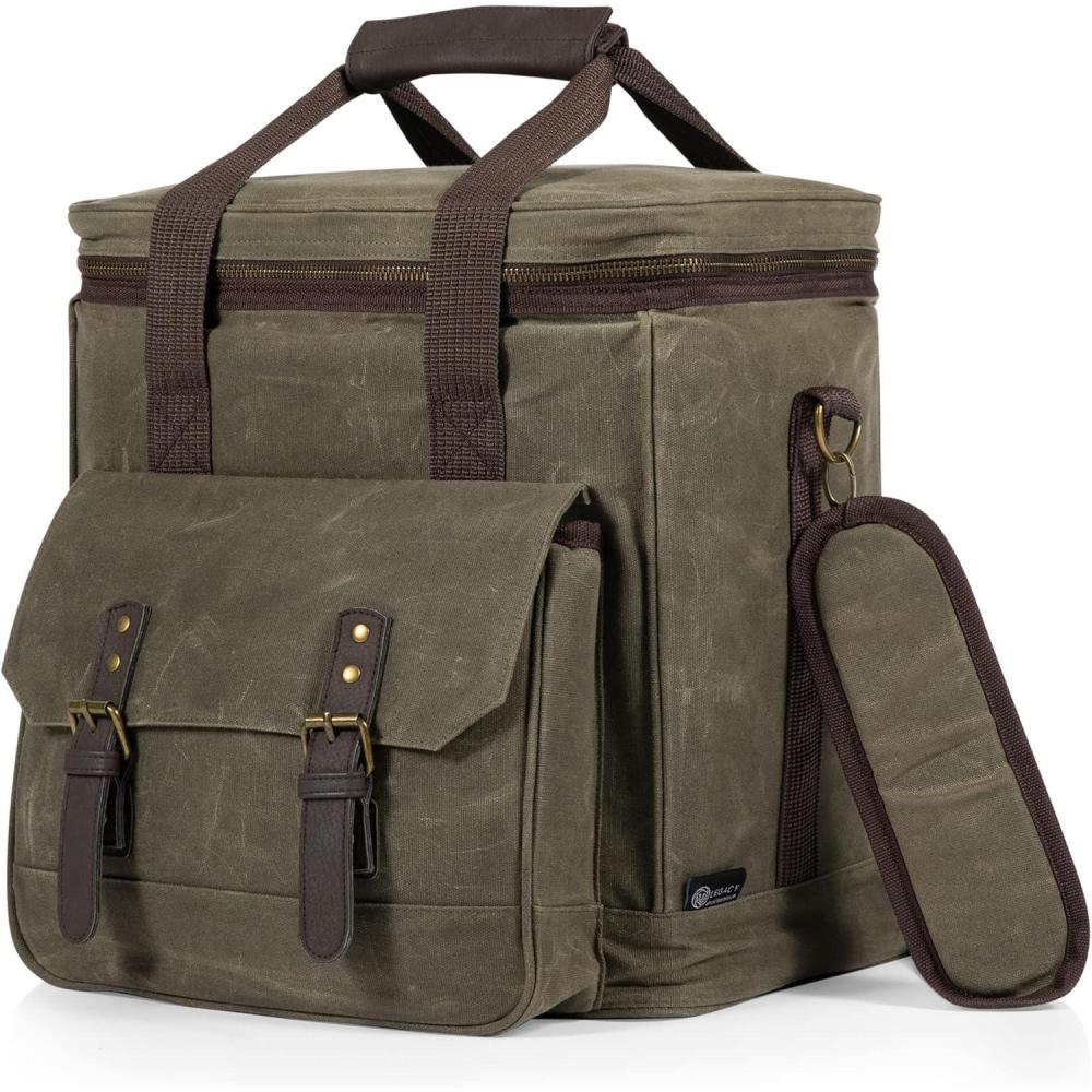 imageLEGACY a Picnic Time Brand Weekender Distressed Waxed Canvas 6 Bottle Insulated Wine Bag Soft Cooler Wine Tote Bag Wine Picnic Bag Khaki Green