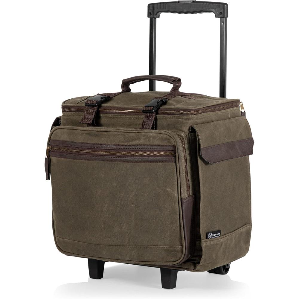 imageLEGACY a Picnic Time Brand Somm 12 Bottle Insulated Waxed Canvas Wine Bag with Rolling Cart Khaki Green with Brown Accents