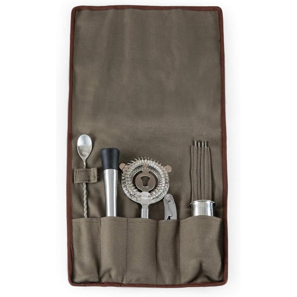 imageLEGACY a Picnic Time brand 10Piece Bar Tool Roll Up Kit 10Piece Bar Tool Roll Up Kit Mixology Bartender Travel Set with Cocktail Accessories Khaki