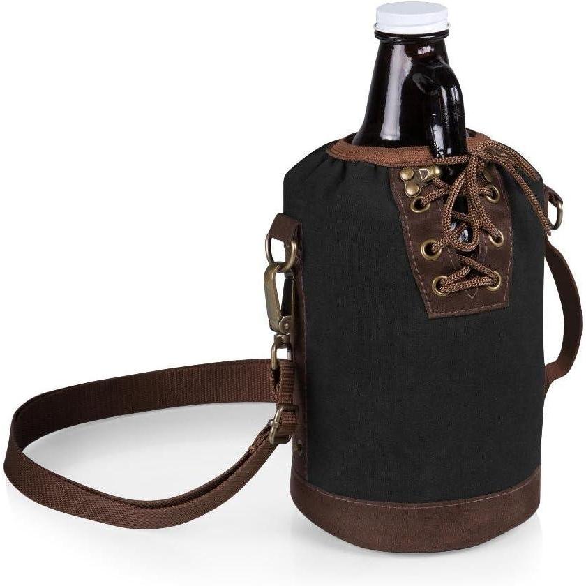 imageLEGACY a Picnic Time brand Canvas Laceup Insulated Growler Tote Black with Brown AccentsBlack With Brown Accents Silver Growler
