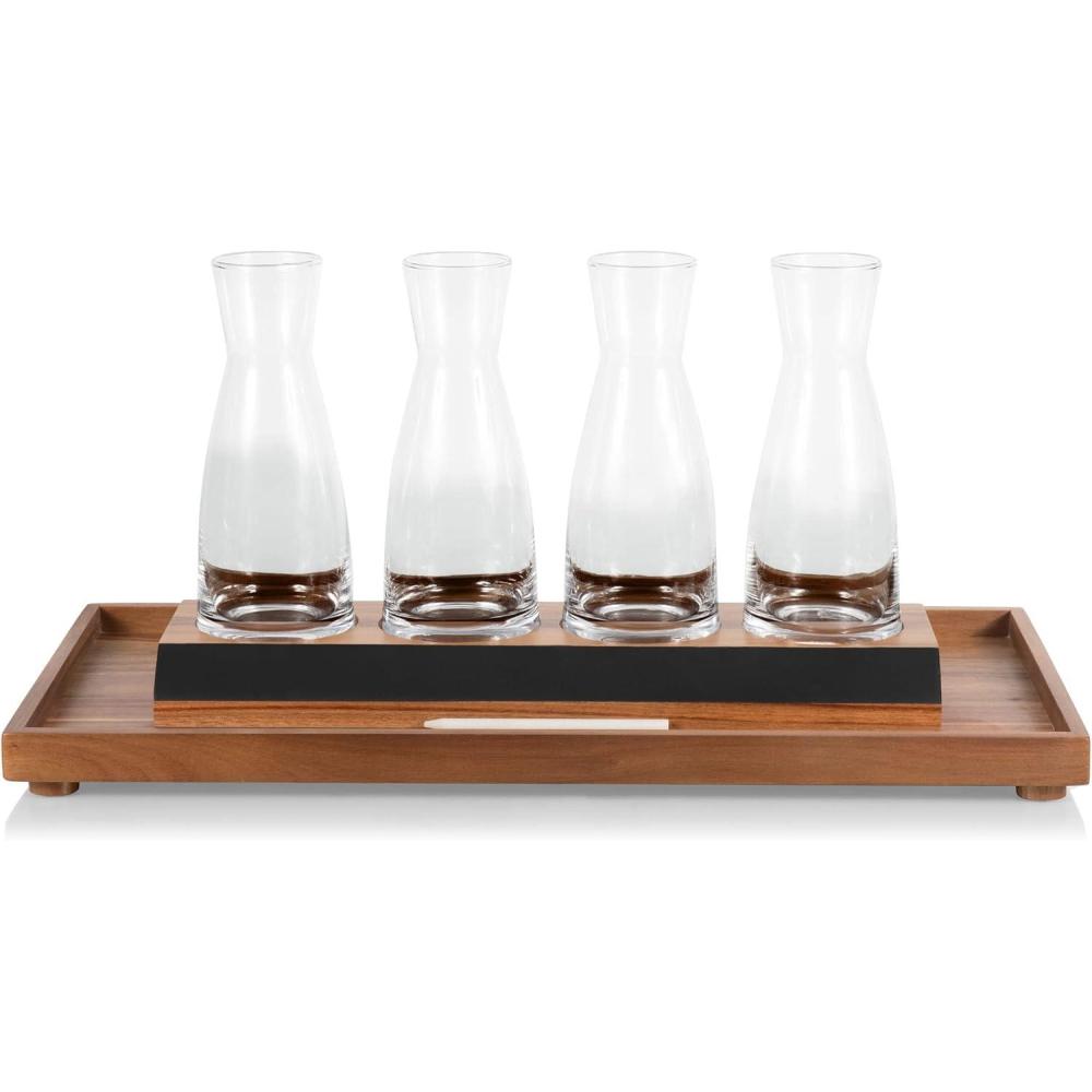 imageLEGACY a Picnic Time brand Cava Serving Tray and 4 Glass Carafes Mimosa Bar Kit Wine Flight Tasting Set Acacia Wood