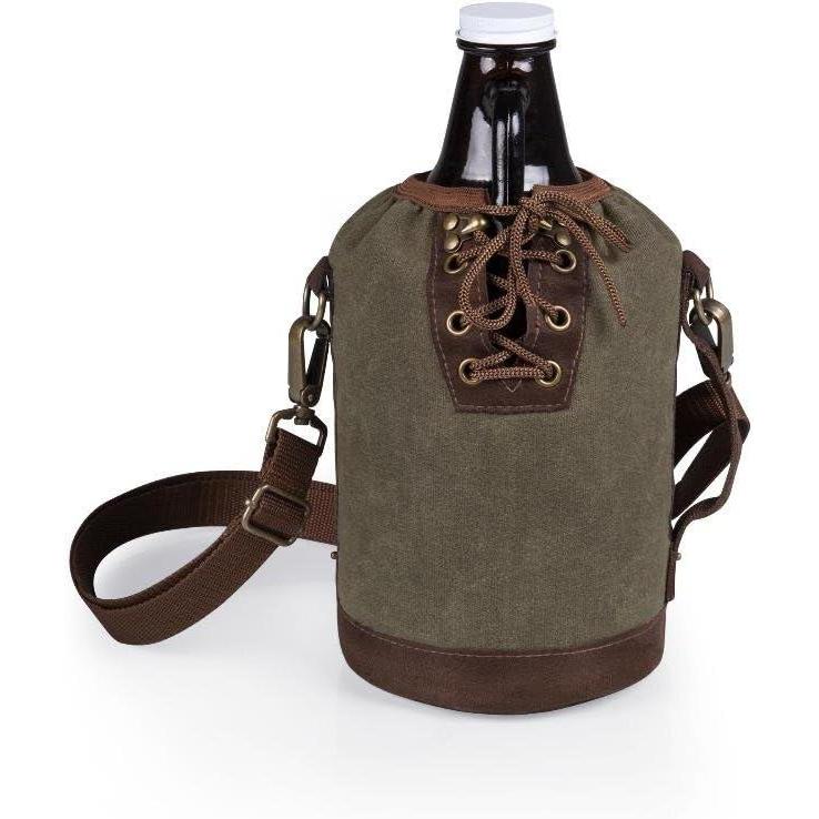imageLEGACY a Picnic Time brand Insulated 64 oz Beer Gifts for Men Waxed Canvas Tote Water Bottle Carrier One Size Khaki Green with Brown Accents ampamp Glass GrowlerKhaki Green With Brown Accents Glass Growler