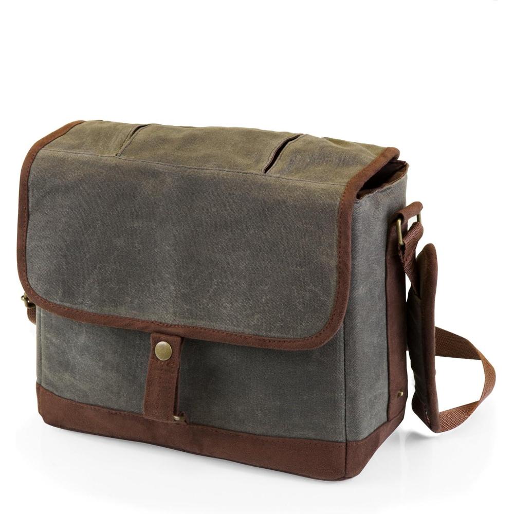 imageLEGACY a Picnic Time brand Insulated Double Glass Growler Tote Beer Gifts for Men Waxed Canvas Tote Bag Water Bottle Carrier Khaki Green with Brown AccentsInsulated Double Growler Tote