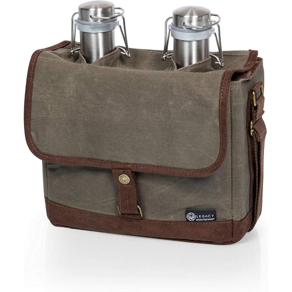 imageLEGACY a Picnic Time brand Insulated Double Glass Growler Tote Beer Gifts for Men Waxed Canvas Tote Bag Water Bottle Carrier Khaki Green with Brown AccentsWith Stainless Steel Growlers