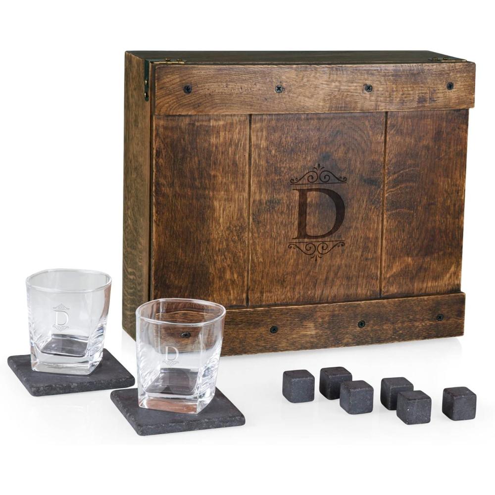 imageLEGACY a Picnic Time brand Monogram Initials Whiskey Box Gift Set Includes Whiskey Glasses Chillding Stones and Stone Coasters Oak WoodD